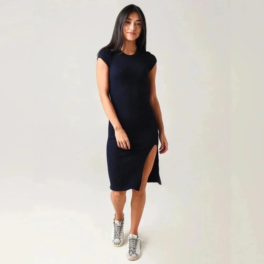 MONROW Women's Black Super-soft Rib Cap Sleeve Midi Dress Size M Medium - Picture 8 of 8